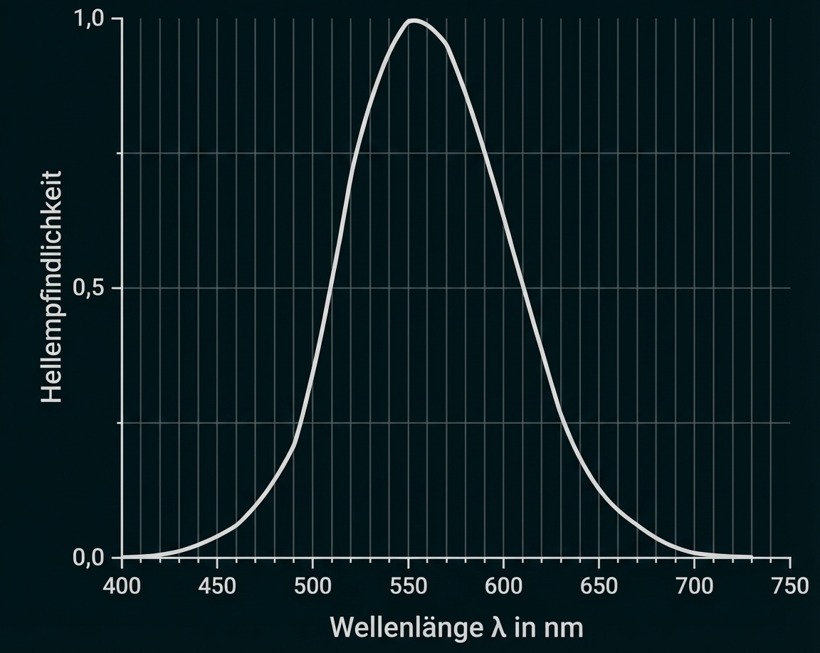 Diagramm: Hellempfindlichkeit vs. Wellenlänge (400–750 nm), Glockenkurve mit Maximum bei etwa 555 nm.